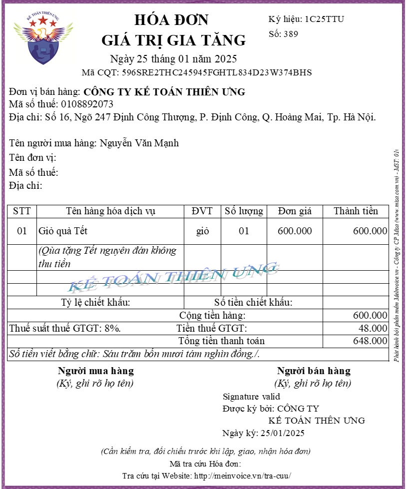 Mẫu hóa đơn xuất quà tặng cho nhân viên