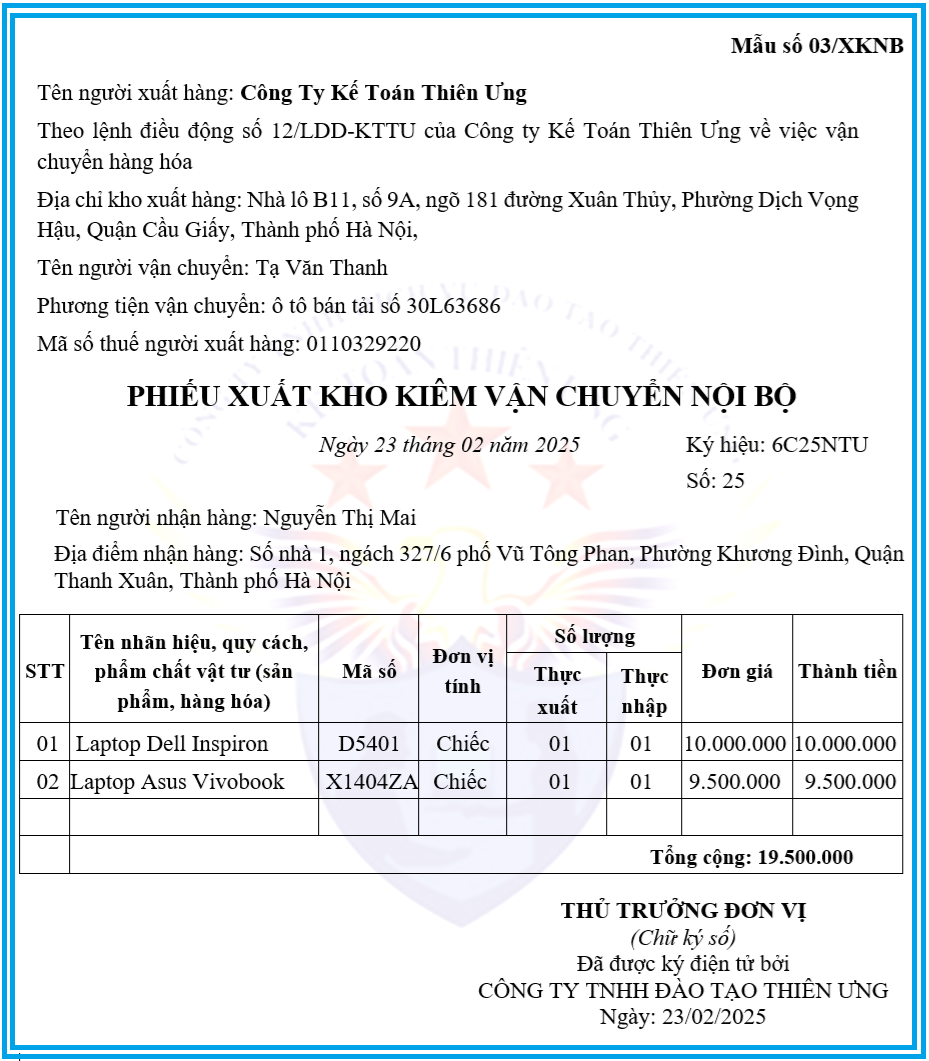 Mẫu phiếu xuất kho kiêm vận chuyển nội bộ điện tử