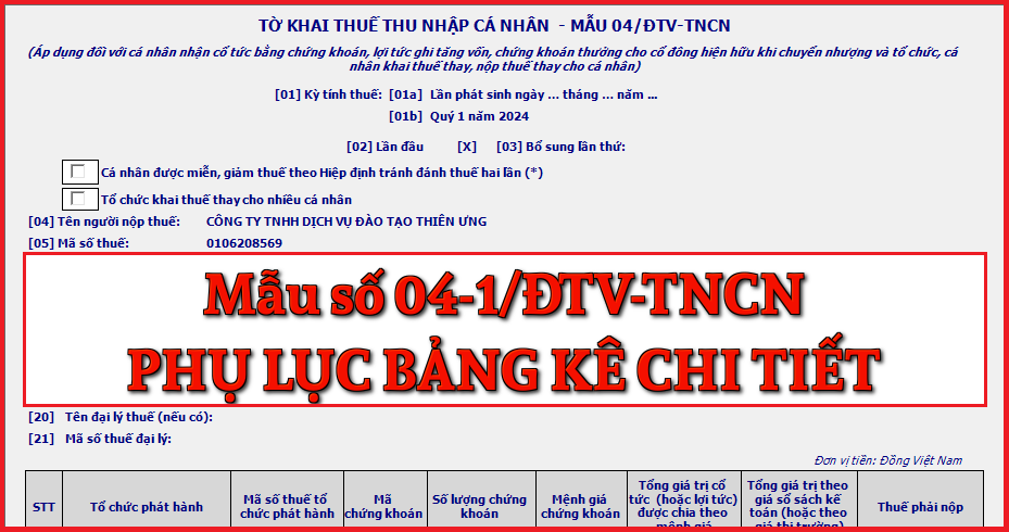 Mẫu số 04-1/ĐTV-TNCN Phụ lục bảng kê chi tiết theo TT 80/2021 Mẫu số 04-1/ĐTV-TNCN Phụ lục bảng kê chi tiết theo TT 80/2021