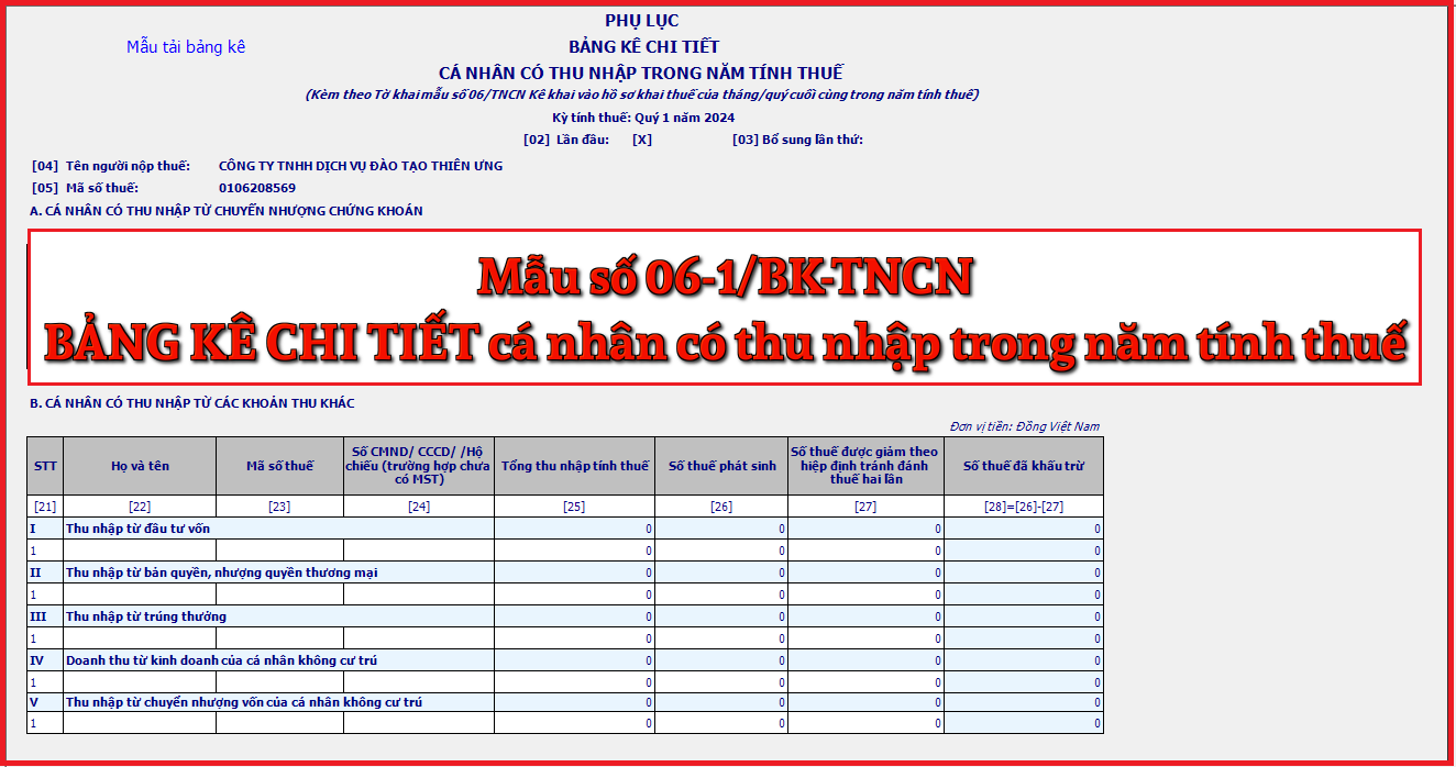 Mẫu số 06-1/BK-TNCN Bảng kê chi tiết cá nhân có thu nhập trong năm tính thuế theo TT 80/2021 Mẫu số 06-1/BK-TNCN Bảng kê chi tiết cá nhân có thu nhập trong năm tính thuế theo TT 80/2021