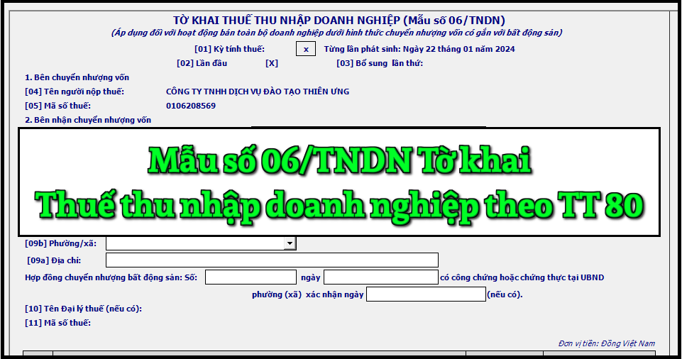 Mẫu số 06/TNDN Tờ khai thuế thu nhập doanh nghiệp theo TT 80/2021 Mẫu số 06/TNDN Tờ khai thuế thu nhập doanh nghiệp theo TT 80/2021