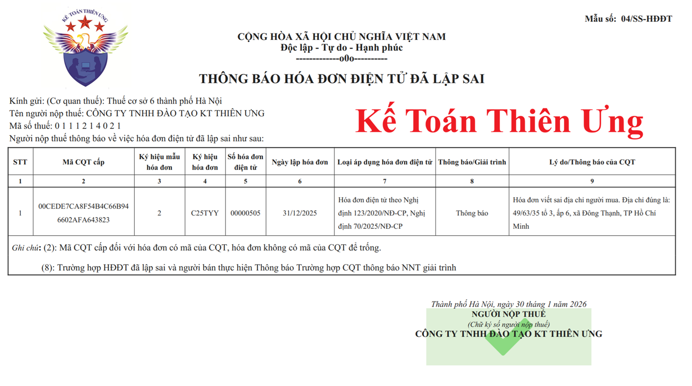 Mẫu 04/SS-HĐĐT thông báo hóa đơn điện tử có sai sót 2026