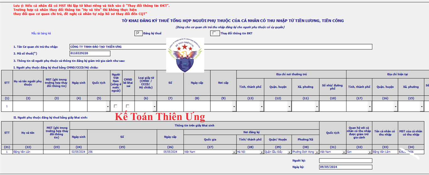 Mẫu tờ khai đăng ký người phụ thuộc trên HTKK Mẫu tờ khai đăng ký người phụ thuộc trên HTKK