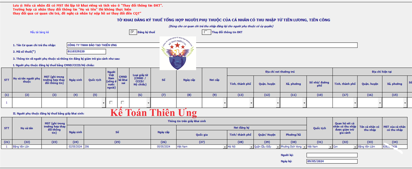 Mẫu tờ khai đăng ký người phụ thuộc trên HTKK