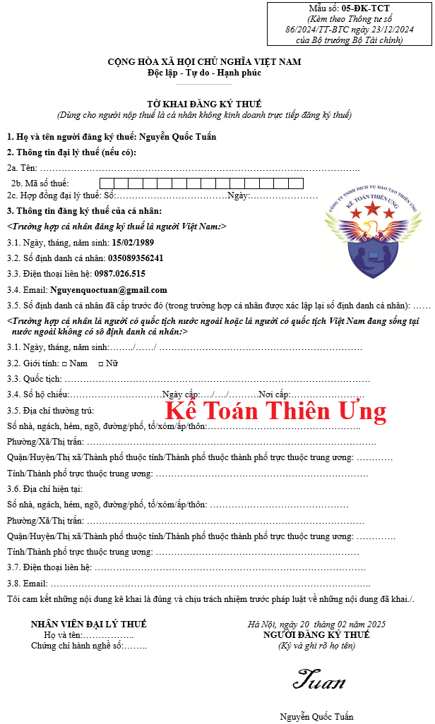 Mẫu 05-ĐK-TCT tờ khai đăng ký thuế theo Thông tư 86/2024/TT-BTC
