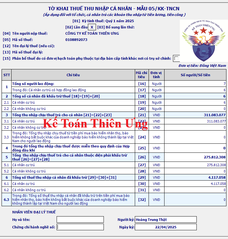 Mẫu tờ khai thuế TNCN 05/KK-TNCN trên HTKK