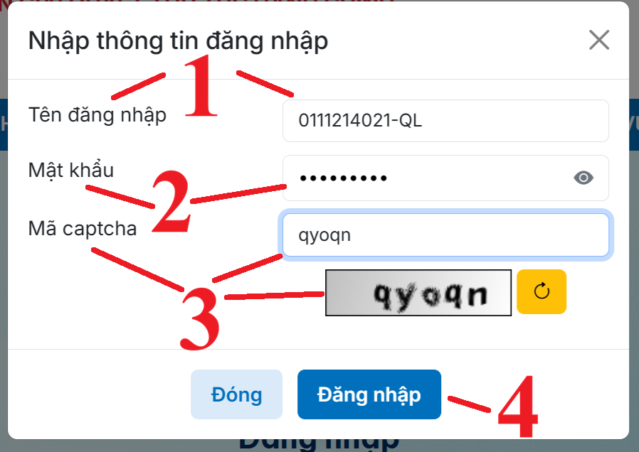 Nhập tài khoản đăng nhập vào hệ thống Dịch Vụ Công