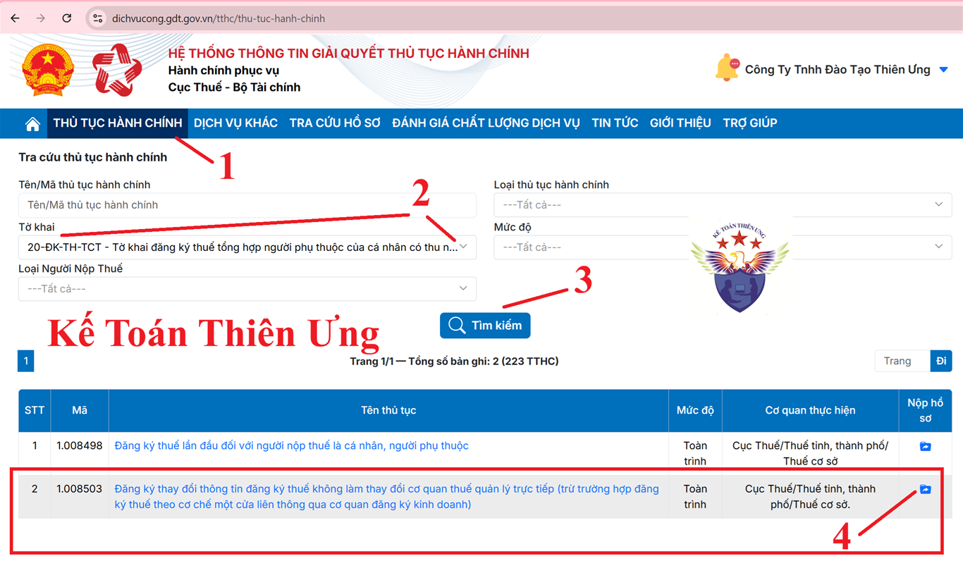 Chọn mã thủ tục hành chính để đăng ký người phụ thuộc