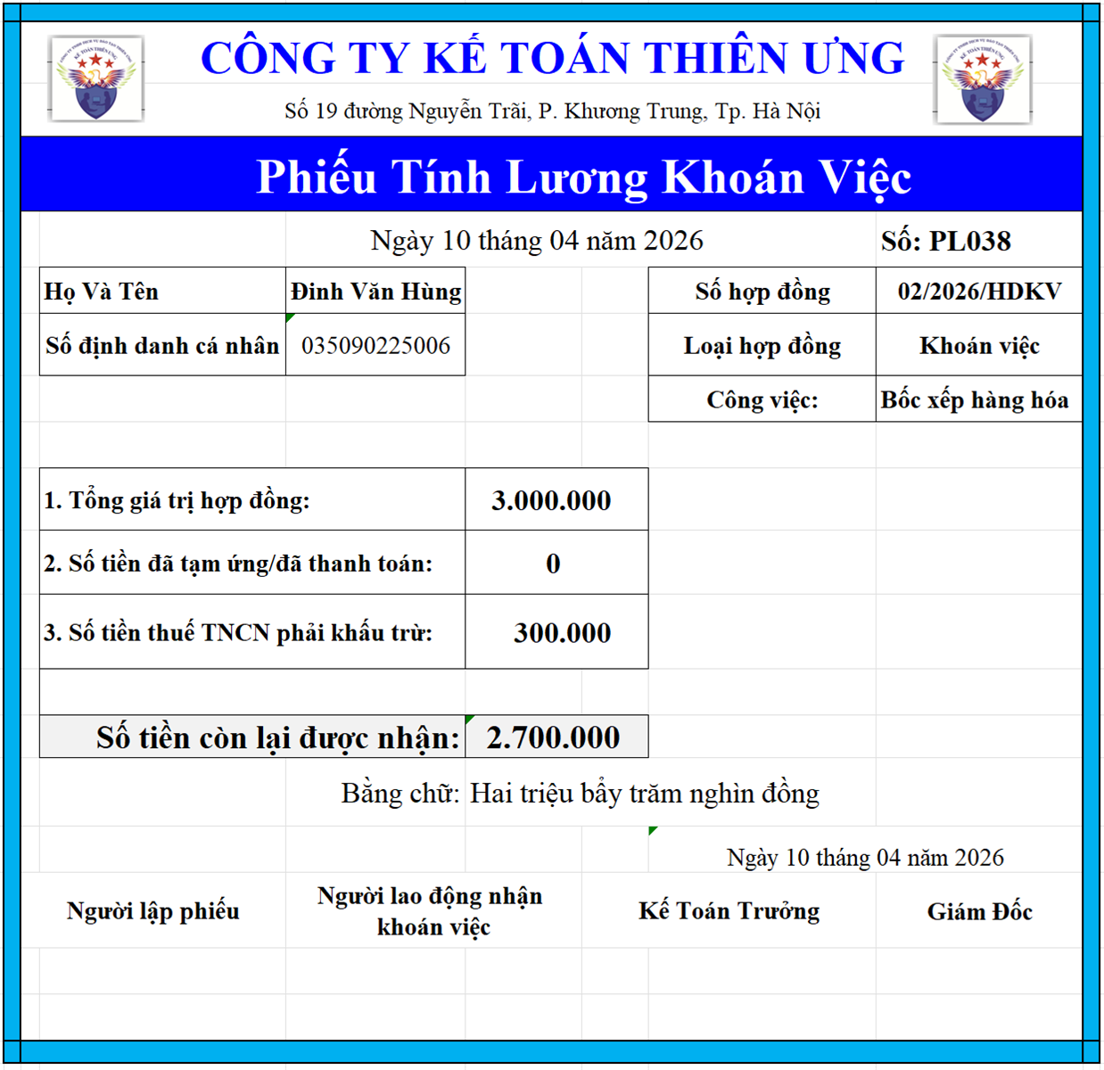 Mẫu phiếu lương cho lao động khoán việc