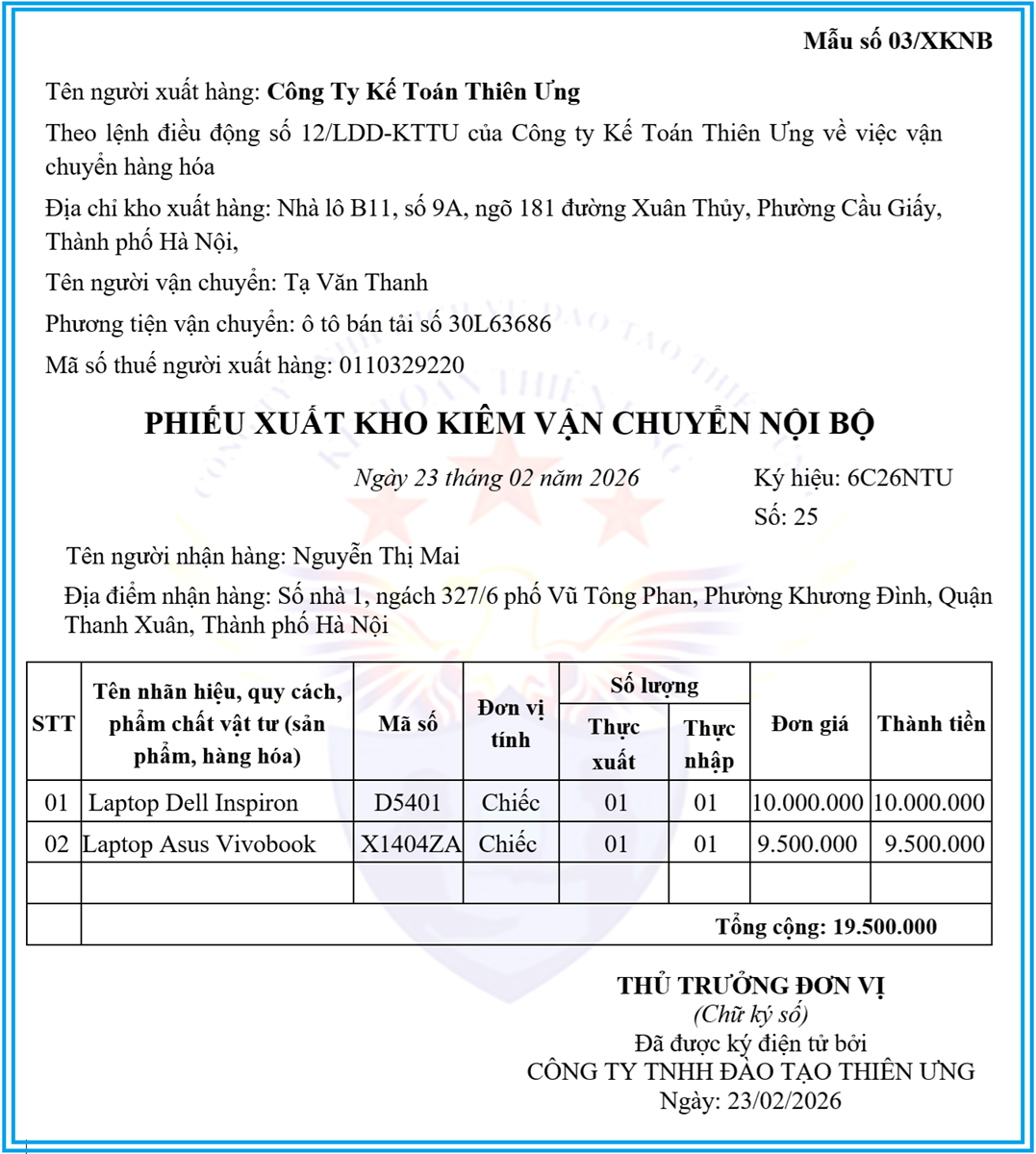 Mẫu phiếu xuất kho kiêm vận chuyển nội bộ điện tử