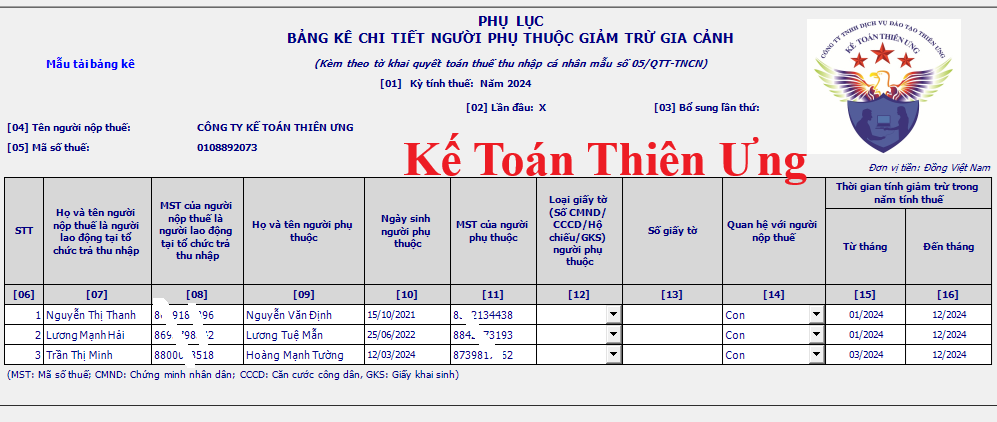 Phụ lục 05-3/BK-TNCN: Bảng kê người phụ thuộc