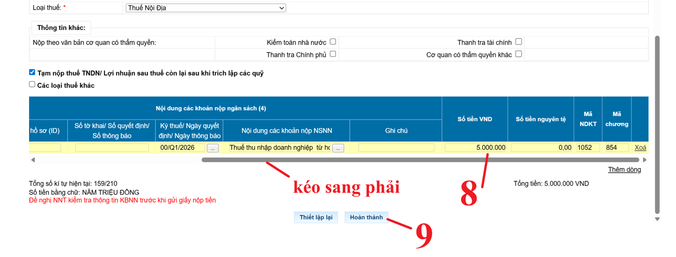 Điền số tiền thuế TNDN tạm nộp của quý
