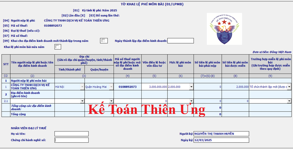 Mẫu tờ khai lệ phí môn bài