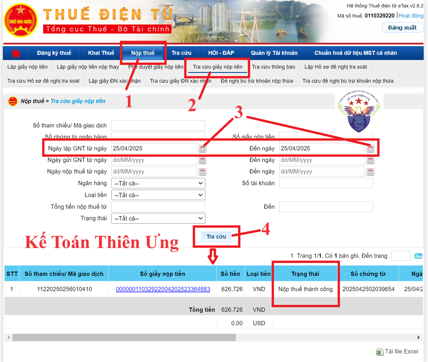 Tra cứu giấy nộp tiền thuế trên trang thuedientu