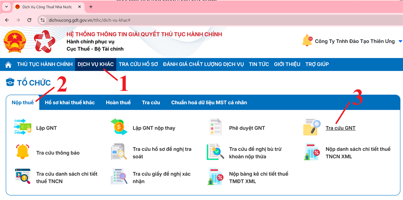 Tra cứu giấy nộp tiền thuế TNDN đã lập trên Dịch Vụ Công
