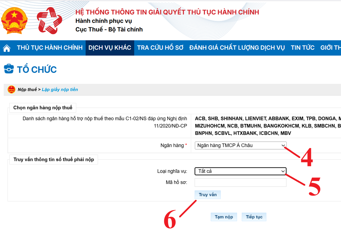 Truy vấn khoản thuế phải nộp