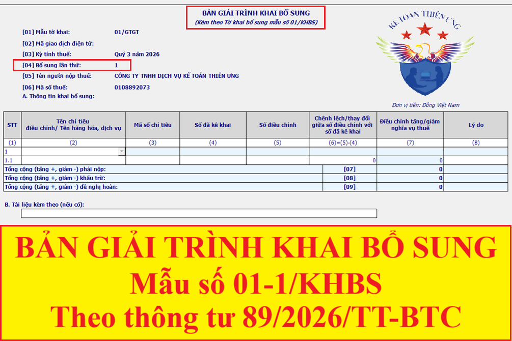 Mẫu số 01-1/KHBS Bản giải trình khai bổ sung theo TT 89/2026