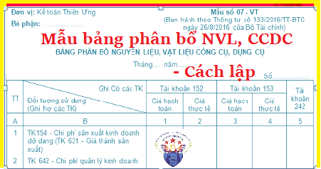 bảng phân bổ nguyên vật liệu công cụ dụng cụ