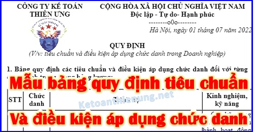 bảng quy định các tiêu chuẩn và điều kiện áp dụng chức danh