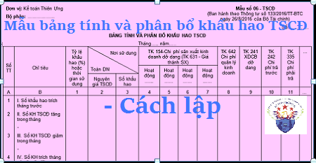 bảng tính phân bổ khấu hao TSCĐ