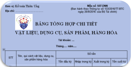 bảng tổng hợp chi tiết vật liệu dụng cụ sản phẩm hàng hóa