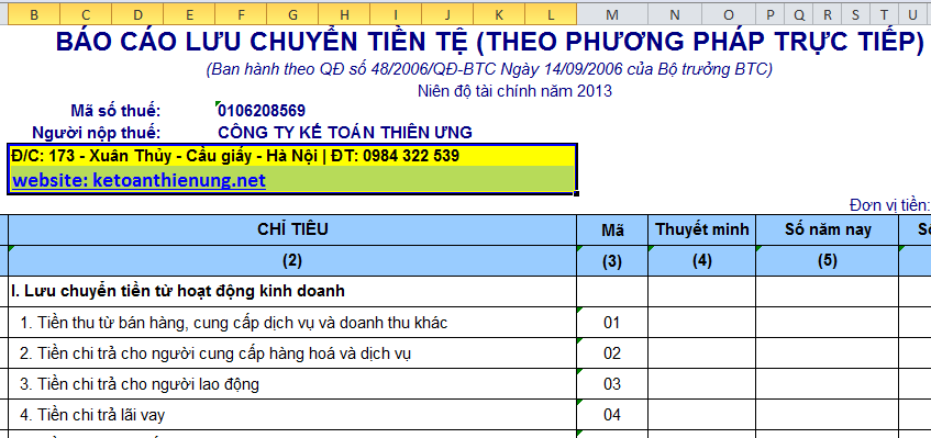 cách lập báo cáo lưu chuyển tiền tệ theo phương pháp trực tiếp