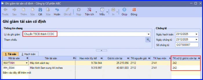 Cách hạch toán chuyển TSCĐ thành CCDC trên Misa 2