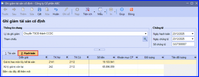 Cách hạch toán chuyển TSCĐ thành CCDC trên Misa 3