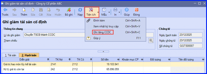 Cách hạch toán chuyển TSCĐ thành CCDC trên Misa 4