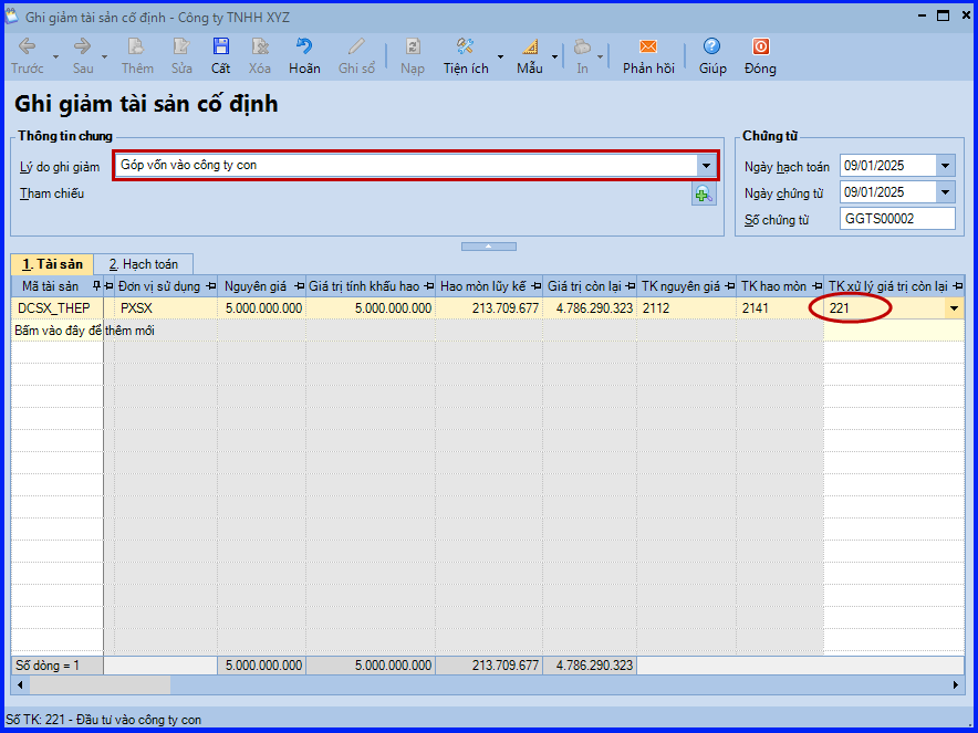 Cách hạch toán mang TSCĐ đi góp vốn vào công ty con trên Misa 1