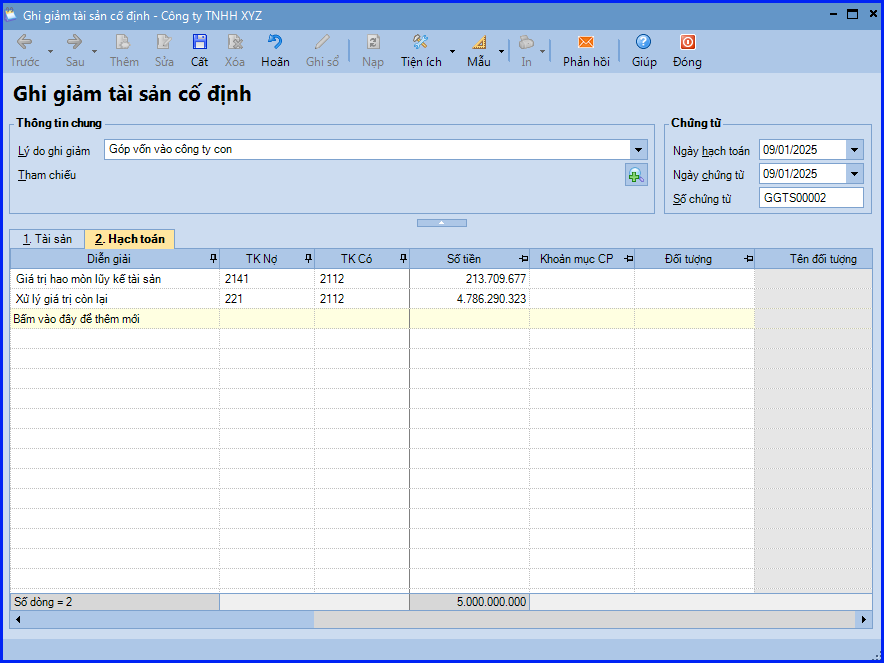 Cách hạch toán mang TSCĐ đi góp vốn vào công ty con trên Misa 2