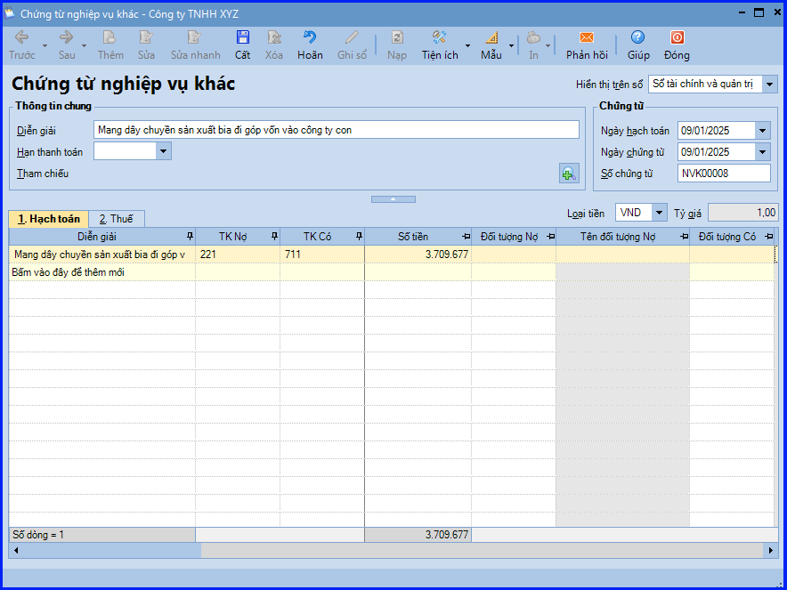 Cách hạch toán mang TSCĐ đi góp vốn vào công ty con trên Misa Cách hạch toán mang TSCĐ đi góp vốn vào công ty con trên Misa 3