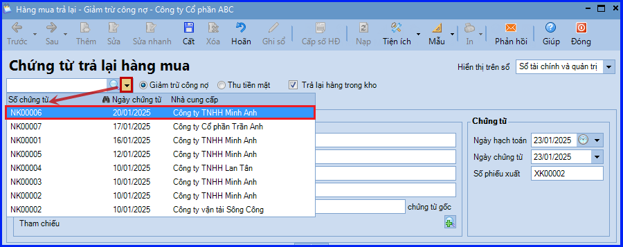 Cách hạch toán xuất trả lại hàng đã mua trên Misa 2
