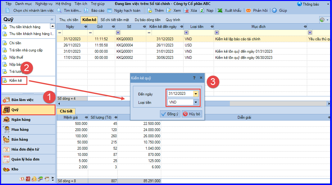 Cách Kiểm tra số dư trên sổ quỹ và sổ tiền mặt 3