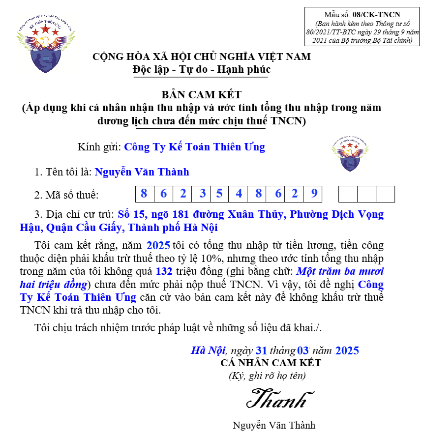 Cách làm cam kết thu nhập để không bị khấu trừ thuế TNCN