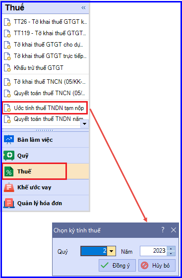 Cách tạm tính thuế TNDN phải nộp quý trên Misa 1
