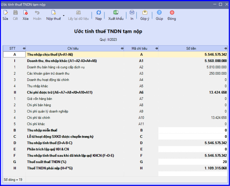 Cách tạm tính thuế TNDN phải nộp quý trên Misa 2