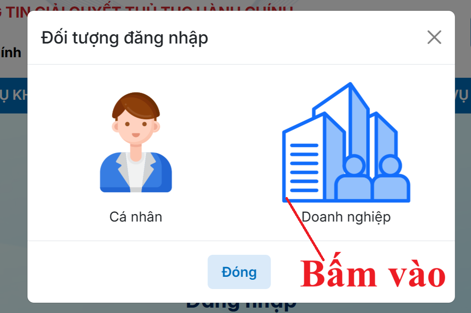 Lựa chọn đối tượng để đăng nhập vào hệ thống Dịch vụ công Lựa chọn đối tượng để đăng nhập vào hệ thống Dịch vụ công