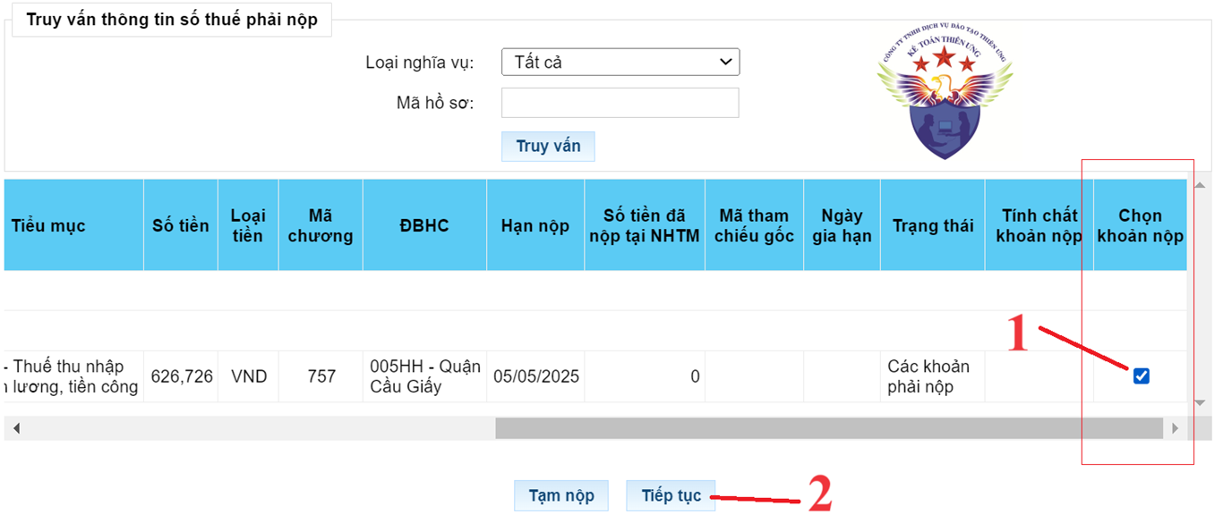 Chọn dòng có khoản thuế TNCN phải nộp