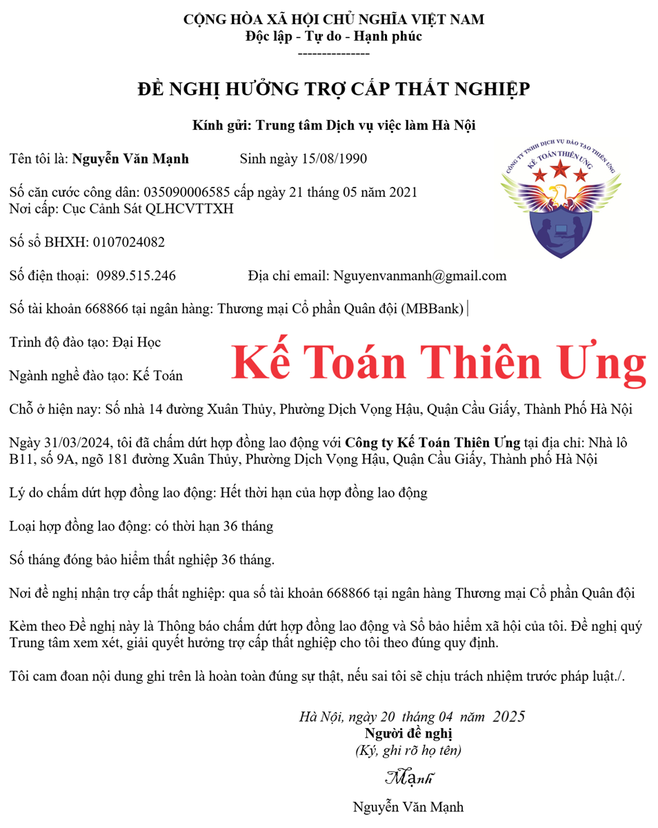Mẫu Đề nghị hưởng trợ cấp thất nghiệp