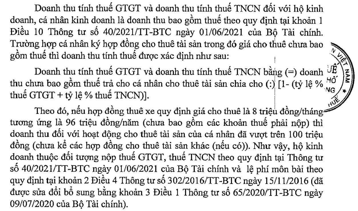 Doanh thu để xác định xem có phải đóng thuế hay không