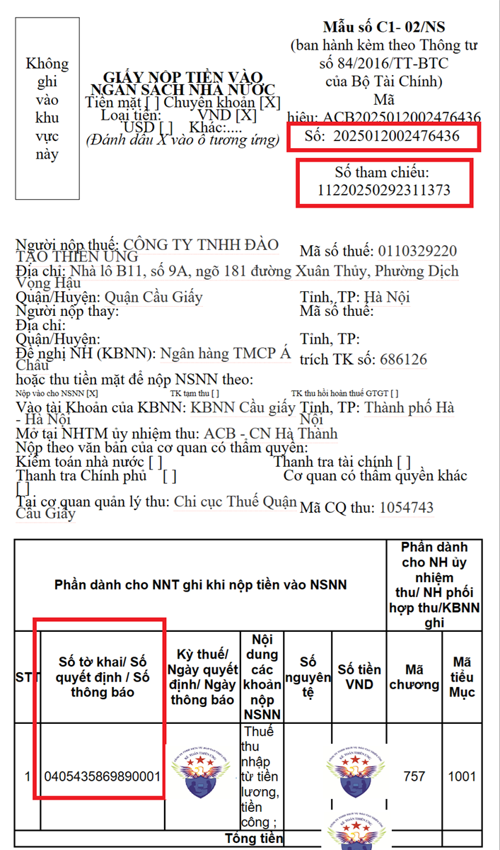 Chứng từ nộp thuế TNCN vào ngân sách nhà nước