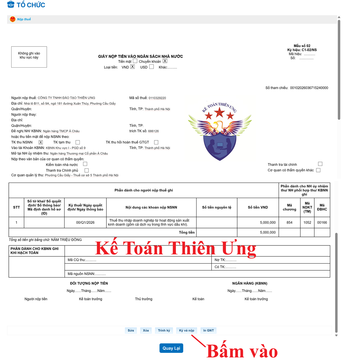 Mẫu giấy nộp tiền thuế TNDN tạm tính quý