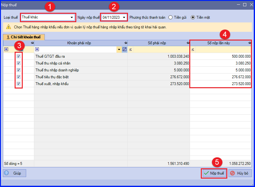 Hạch toán nộp thuế GTGT, TNCN, TNDN, Lệ phí môn bài trên Misa 5