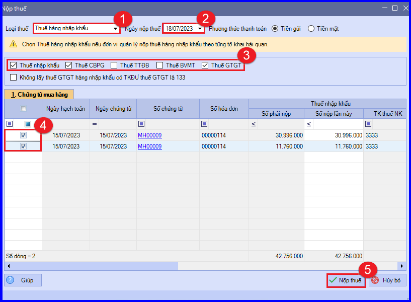 Hạch toán nộp thuế hàng nhập khẩu trên Misa 2