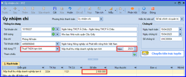 Hạch toán nộp tiền thuế TNDN tạm tính quý trên Misa 2