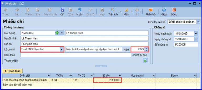 Hạch toán nộp tiền thuế TNDN tạm tính quý trên Misa 5
