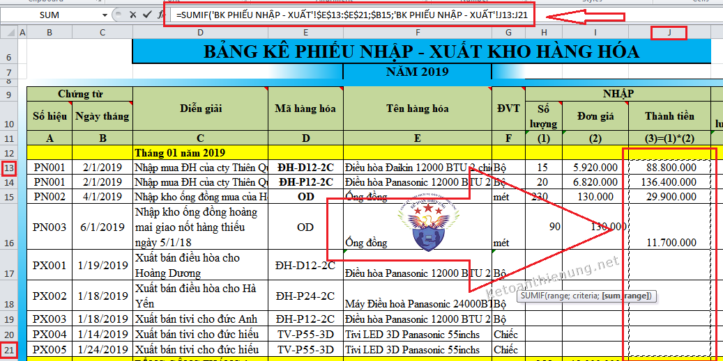 hàm sumif trong excel