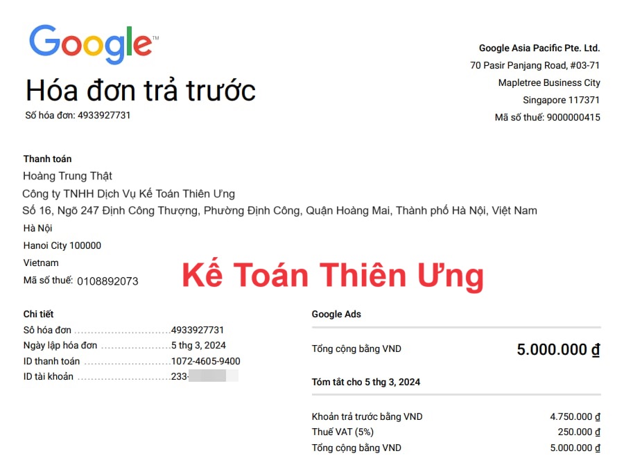 Hóa đơn quảng cáo google ads