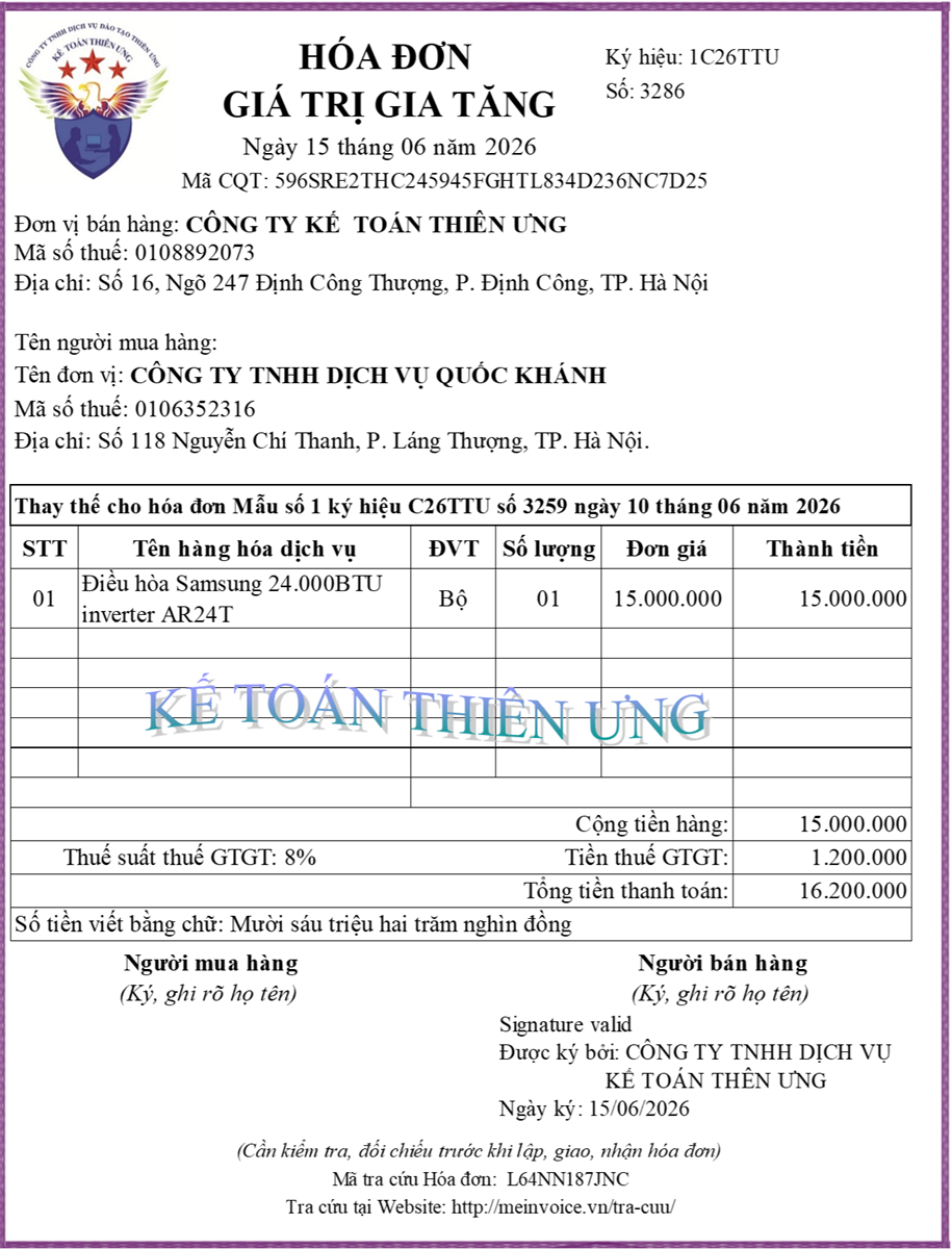 Mẫu hóa đơn thay thế